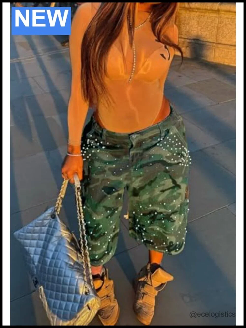 Camo Bermuda Cargo Shorts Women Baggy Y2K Jorts Rhinestone Denim